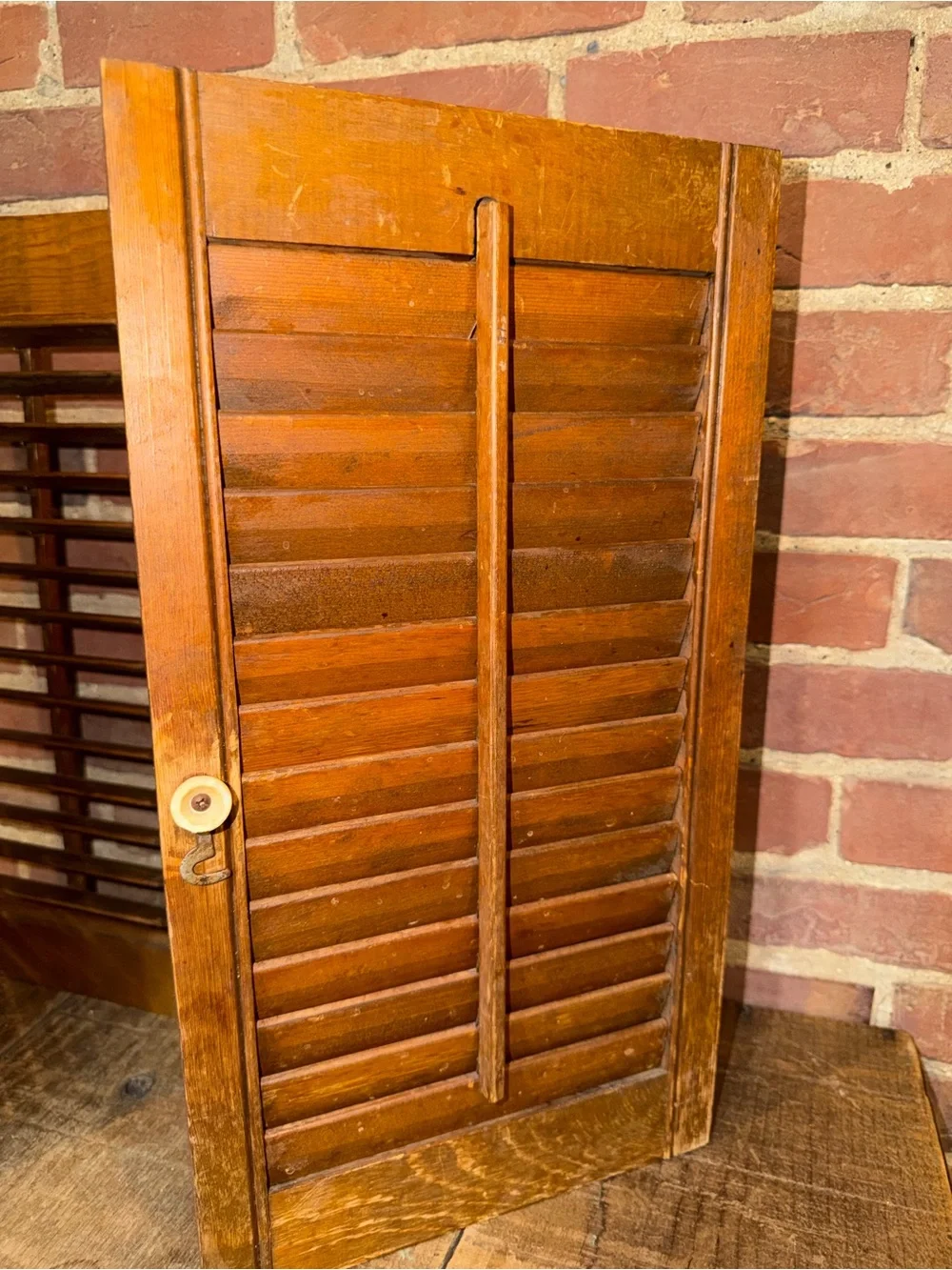 Vintage Wooden Louvered Window Shutters - Warm Brown Miniature Pair Rustic